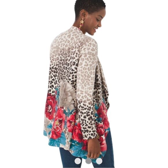 Chico’s suedes draped jacket leopard floral print beige and red size medium - Picture 2 of 9